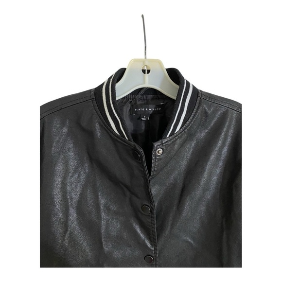 Slate & Willow Varsity Bomber Jacket in Black Faux Leather Size Small - Picture 8 of 11